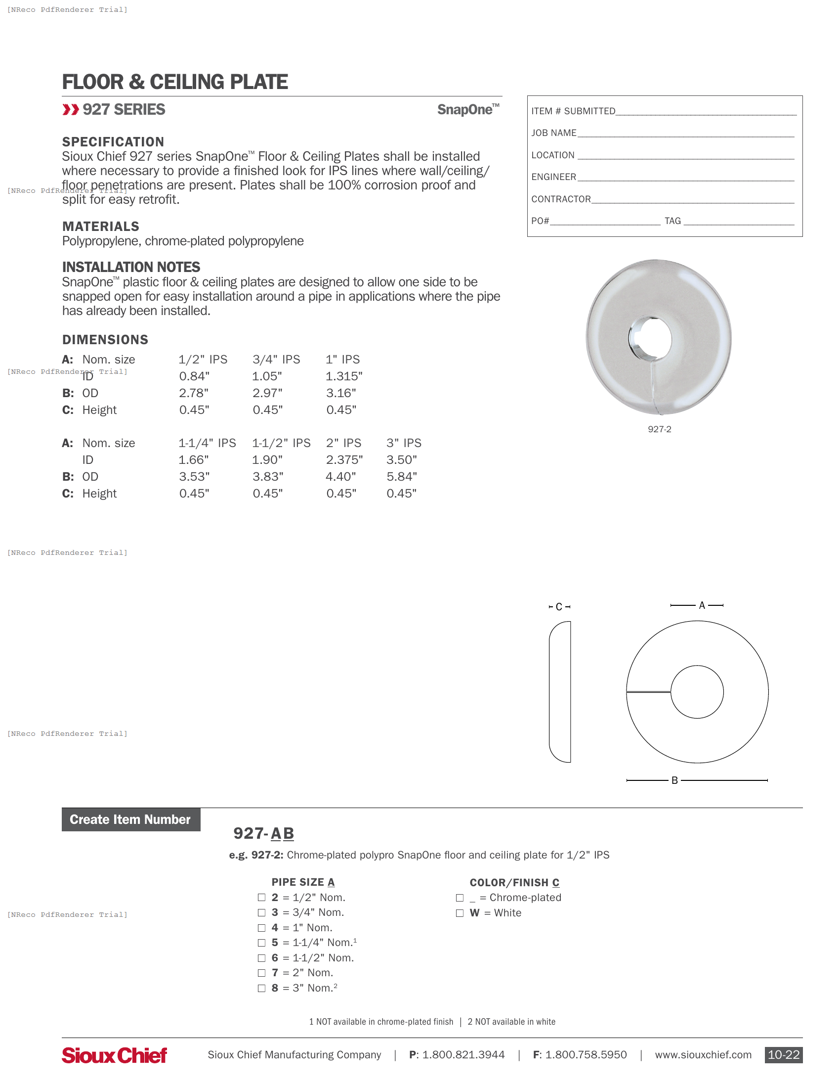 927 SERIES - SNAPONE IPS F&C PLATE - SPEC SHEET.PDF Specification Document